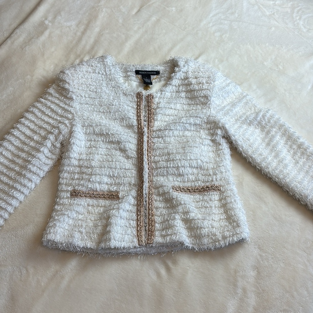 Women's MASON THOMAS White Fringe/Eyelash Blazer Jacket w/Rose Gold Trim Size M
